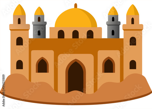 Historic desert castle with golden domes and majestic towers surrounded by sand dunes in ancient style illustration