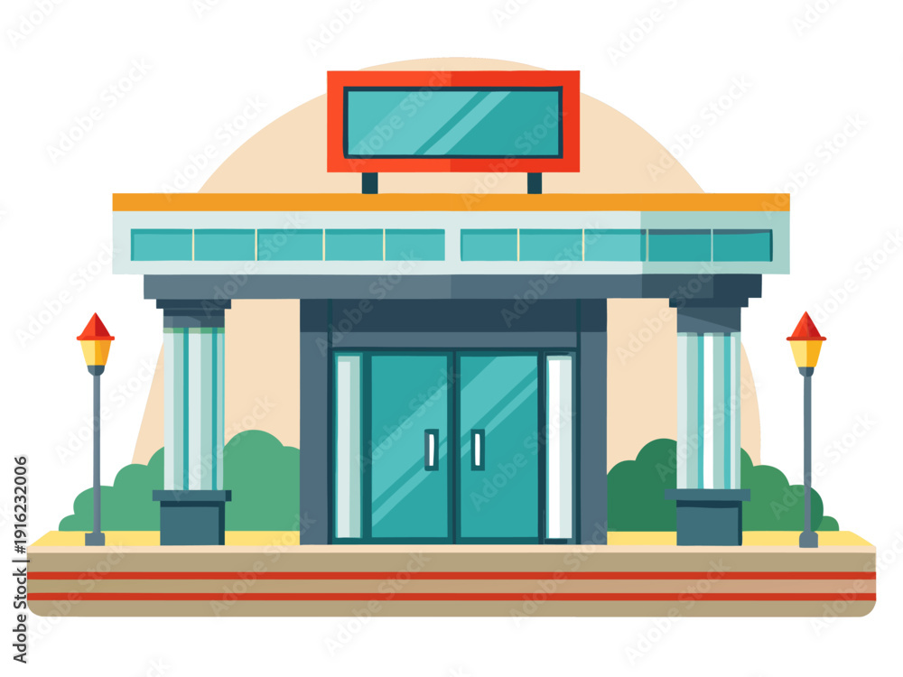Obraz premium Colorful modern building entrance with glass doors, symmetrical columns, and streetlights in a minimalist urban setting