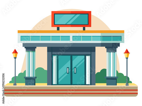 Colorful modern building entrance with glass doors, symmetrical columns, and streetlights in a minimalist urban setting