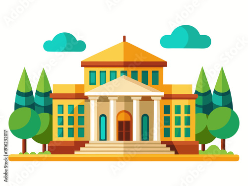 Elegant classical building with columns and symmetrical design surrounded by trees under a clear sky with fluffy clouds