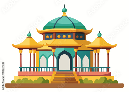 Colorful asian-inspired pavilion with green and yellow domes and ornate arches, surrounded by greenery, on white background