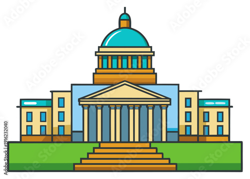 Elegant capitol building with grand dome and classic columns surrounded by lush greenery on a clear day