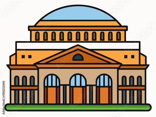 Iconic multi-colored concert hall with dome and arched doors on green lawn in minimalist style