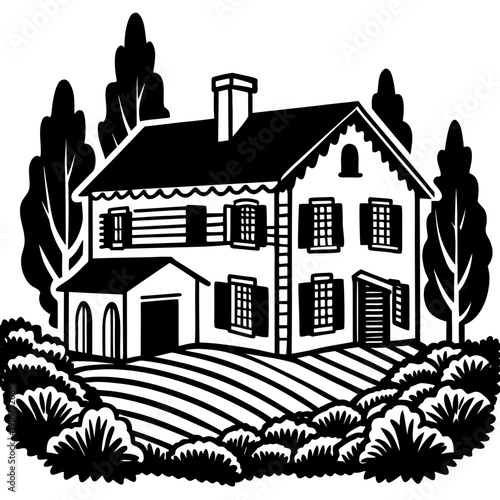 Charming black and white vintage cottage illustration with detailed trees and garage in rural setting