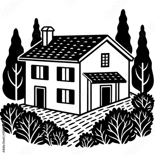 Charming countryside house with tiled roof, surrounded by trees and bushes, featuring a paved pathway leading to the entrance