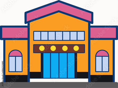 Colorful cartoon building with arched windows and blue doors on a white background