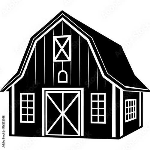 Black and white barn silhouette with symmetric windows and doors displaying classic farm architecture