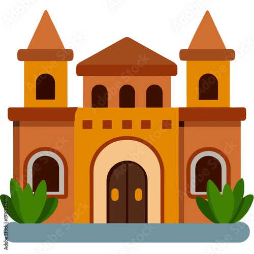 Charming cartoon castle with twin towers and vibrant greenery in a simplistic artistic style on a white backdrop