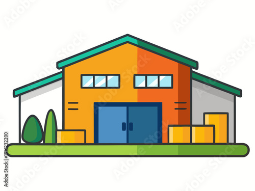 Colorful warehouse illustration with green roof and blue doors featuring trees and boxes in a simple cartoon style