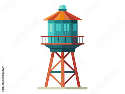 Colorful geometric lighthouse with balcony on stilts in minimalist style isolated on white background