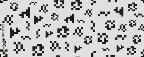 Abstract black pixelated geometric shapes scattered on light gray background. Seamless retro 8bit pattern with pixel random texture