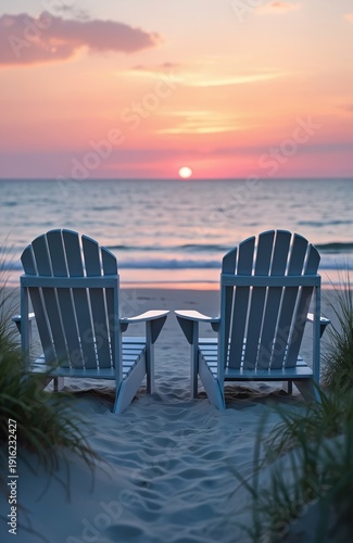 Two empty grey Adirondack chairs await on sandy beach. Ocean waves gently lap shore as sun sets painting sky with soft pastel colors. Peaceful setting for relaxation and seaside enjoyment.
