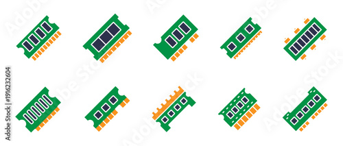Computer RAM colorful icons isolated on white. Vector set of Random Access Memory icons.