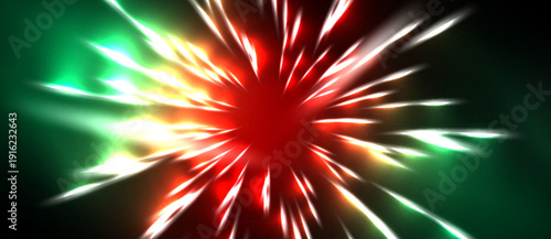 Bright explosion radiates outward. Red, green, yellow hues dominate dark background. Sharp lines create dynamic visual effect.