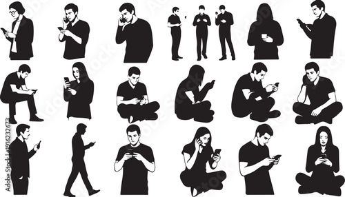 Silhouettes of people using smartphones in various poses and settings
