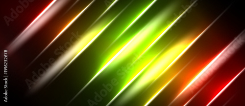 Abstract background features vibrant diagonal lines. Colors transition from red, yellow, green, creating dynamic visual effect. Smooth gradients dominate composition.