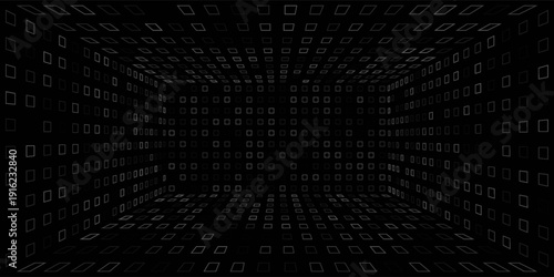 Futuristic perspective grid box. Abstract wireframe with white grid line on black background. Virtual reality landscape in 80s 90s digital style. Vector illustration.