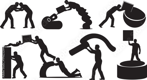 Silhouette icons of people working together in industry settings