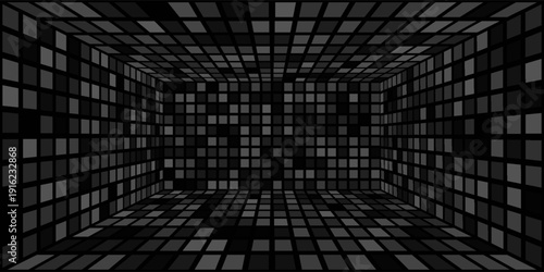 Futuristic perspective grid box. Abstract wireframe with white grid line on black background. Virtual reality landscape in 80s 90s digital style. Vector illustration.