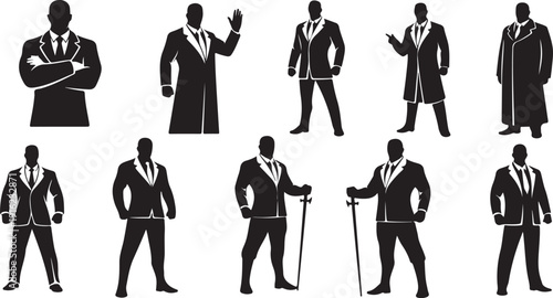Silhouettes of businessmen in various poses and suits styles