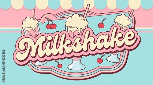 Retro Pastel Milkshake Illustration with Cherries and Whipped Cream
