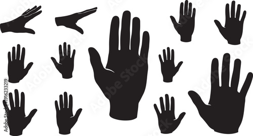 Collection of black hand silhouettes on white background various gestures