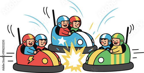 Colorful vector illustration of children riding bumper cars, crashing playfully into each other with excited expressions, creating a lively amusement park scene.