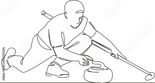 One continuous single drawing line art flat doodle sport, player, team, competition, curling, game, athlete, broom, man, winter. Isolated image hand draw contour on a white background; hand drawn; not