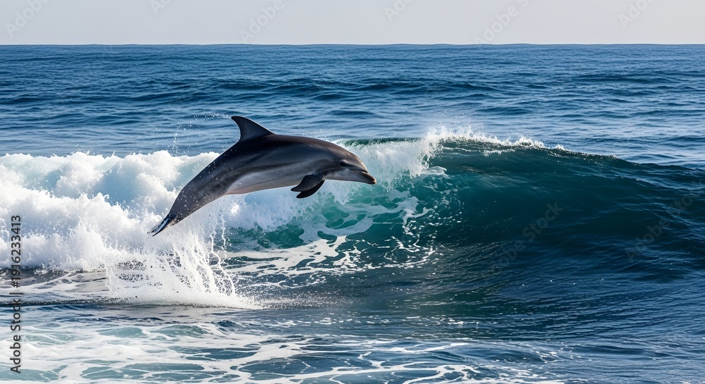 Fototapeta premium A dolphin jumping out of the ocean waves in a beautiful display of nature