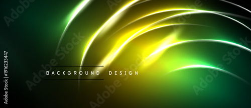 Abstract neon lines create dynamic background. Yellow, green hues blend into dark space. Modern design element for digital projects.