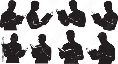 Silhouettes of men reading books in various poses and angles