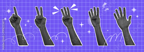 Hand set halftone collage with gesture calculation, different finger numbers, interactive communication signs. Hands show one, two, three, four and five.