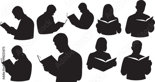 Silhouettes of people reading books and using smartphones together