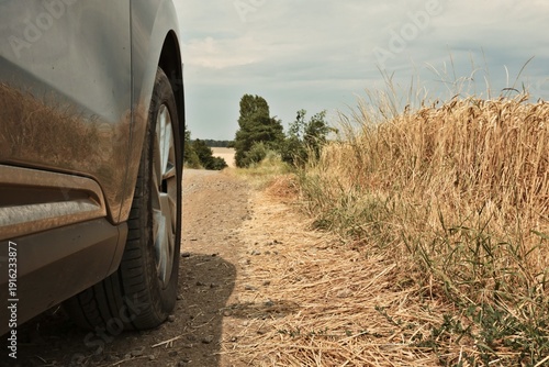 Foto Car parked on a dusty rural road next to a dry wheat field under a cloudy sky