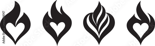 Flame Heart Logo Set Black and White Vector Icons Collection with Romantic Fire Shape Symbols Isolated Background
