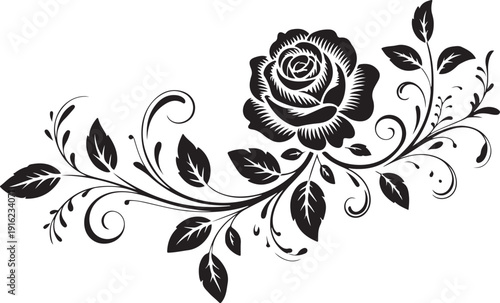 Vector horizontal black and white vignette with a rose.