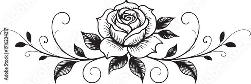 Vector horizontal black and white vignette with a rose.