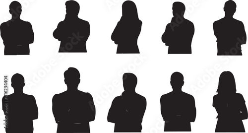 Silhouettes of people standing in various poses and outfits