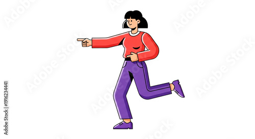 Young woman running and pointing forward with her finger in casual clothing transparent background