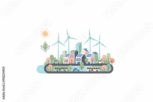 Sustainable City with Renewable Energy and Green Spaces.