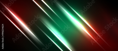 Abstract lines, vibrant red, green hues dominate. Diagonal streaks create dynamic visual effect. Dark background emphasizes bright illumination.