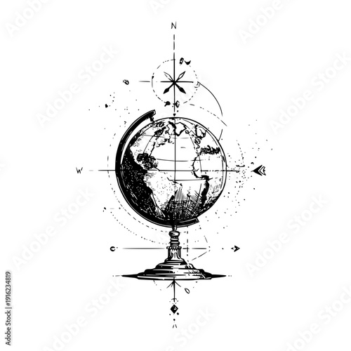 Detailed sketch of a globe with compass rose and directional markings in black and white illustration