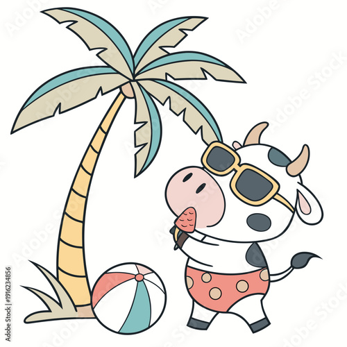 Delightful Bashful Cow in a Summer Vacation scene with wearing glasses – Beach Bliss vector illustration