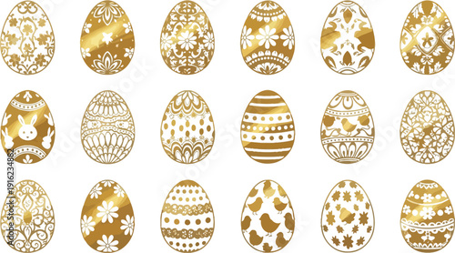 Collection of eighteen luxurious and intricately decorated golden Easter eggs featuring detailed floral bunny and chick patterns for spring celebration designs.