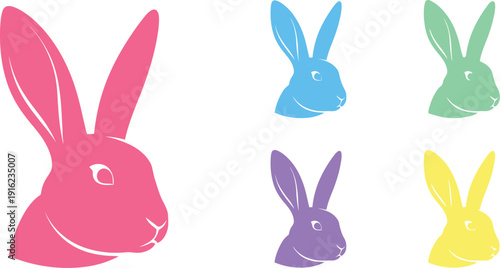 Collection of brightly colored rabbit head silhouettes displayed against a plain white background celebrating spring and easter themes
