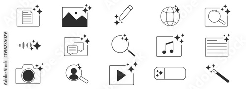 Ai generated audio or media icon set. Ai star sparkle symbol, creative artificial intelligence and machine learning technology concept. Generative AI. music generated, image generate, magic pencil