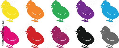 Collection of ten colorful chick silhouettes isolated on a white background representing springtime fun and new beginnings for festive designs