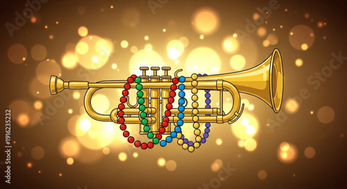 Vibrant trumpet adorned with colorful beads on golden background with bokeh lights symbolizing celebration and music