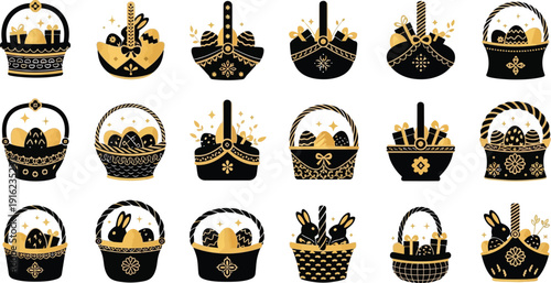 Collection of stylized black and gold ornate easter baskets filled with decorative eggs, gifts, and cute bunnies representing holiday celebration and springtime bounty