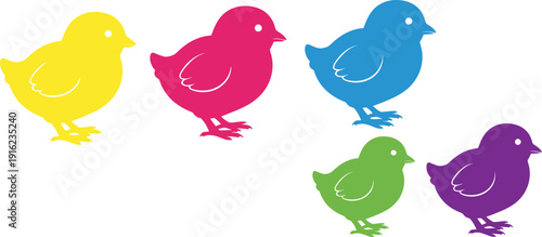 Collection of five brightly colored baby chick silhouettes representing spring themes and various festive occasions like Easter celebrations or springtime decoration elements